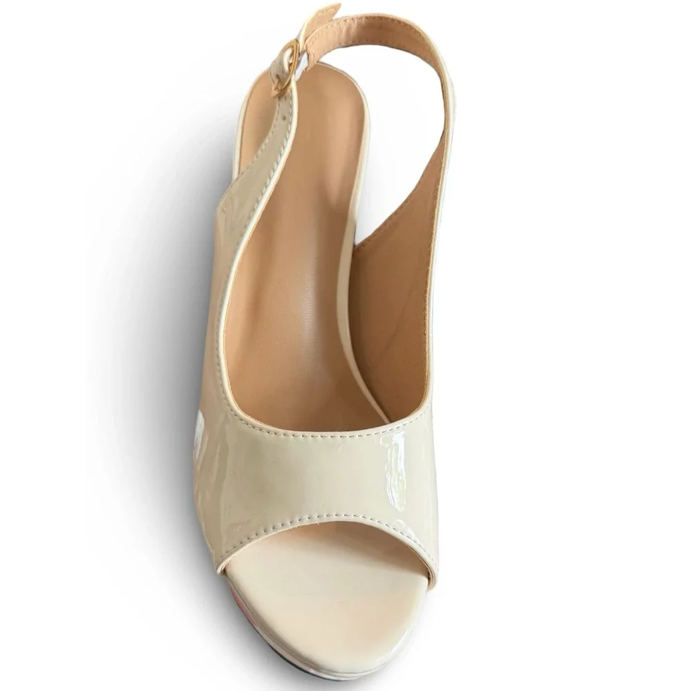 Ivory Cream Patent Slingback Peep Toe Platform Stiletto Pumps Sz 6 CN37 NEW - Picture 13 of 14